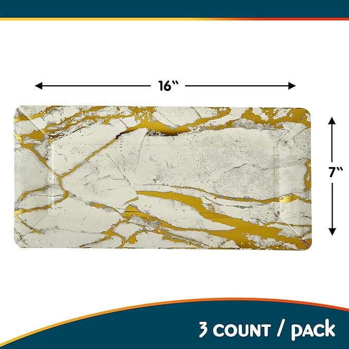 Elegant Marble Gold Loaf Rectangular Disposable Paper Platter - 16" x 7" (Pack of 3) - Perfect for Serving Bread, Cakes, & Desserts at Special Events