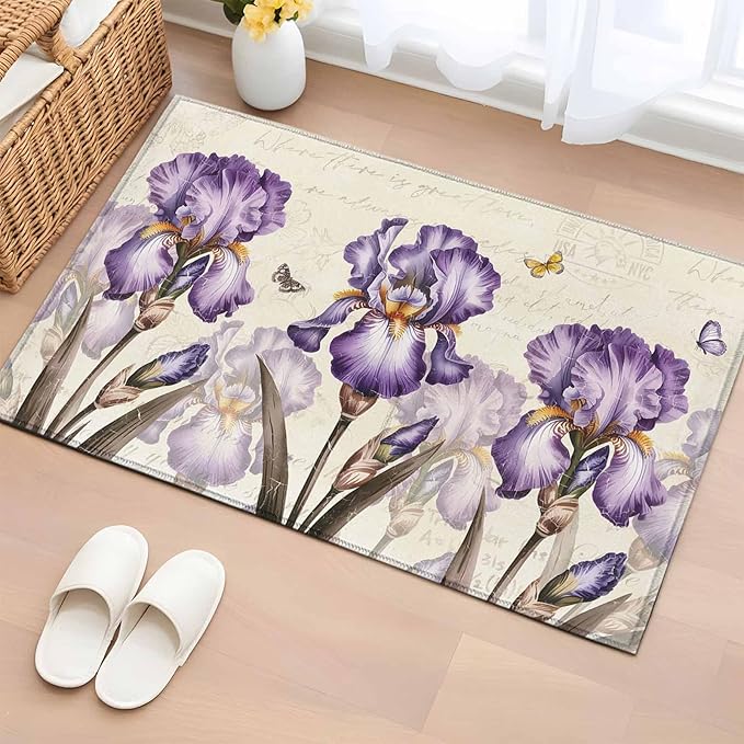 Area Rug 2x3ft, Pastoral Purple Flower Watercolor Washable Rugs for Living Room Bedroom, Country Botanical Butterflies Soft Non-Slip Area Rugs Rectangle Floor Carpet for Dining Room