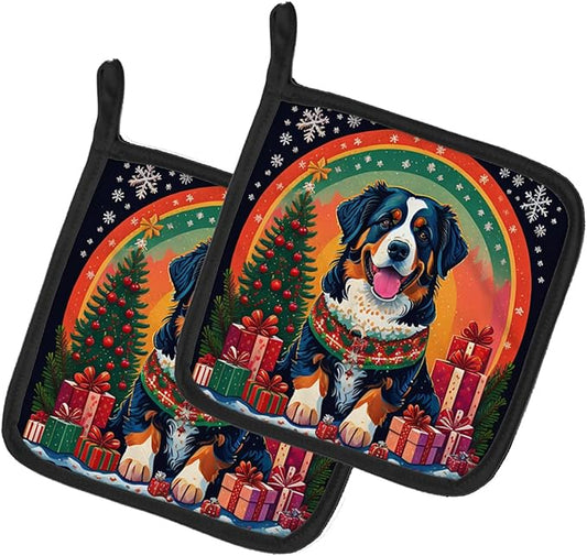 Caroline's Treasures Bernese Mountain Dog Christmas Pair of Pot Holders Kitchen Heat Resistant Pot Holders Sets Oven Hot Pads for Cooking Baking BBQ, 7 1/2 x 7 1/2
