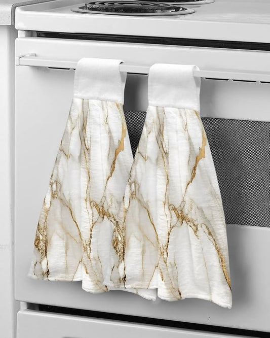 Alandar Home Kitchen Tie Towel Set of 2, Abstract Marble Gold Stripe Art Absorbent Soft Hand Towels for Bathroom Hanging Towels, Watercolor Natural White Stone Fast Drying Cleaning Cloth with Loop