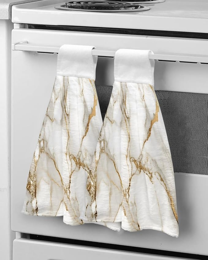 Alandar Home Kitchen Tie Towel Set of 1, Abstract Marble Gold Stripe Art Absorbent Soft Hand Towels for Bathroom Hanging Towels, Watercolor Natural White Stone Fast Drying Cleaning Cloth with Loop