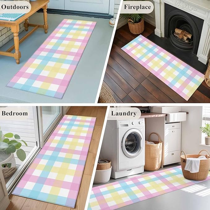 Runner Rug for Bedroom Hallway, Spring Easter Colorful Lattice Kitchen Runner Rugs Area Rug 2x6ft, Minimalist Buffalo Checker Washable Soft Floor Carpet for Entryway Stair