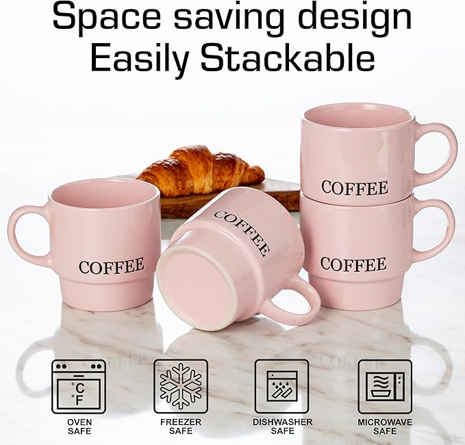 Signature Housewares Stackable Coffee Mug Tower Set with Metal Wire Rack - 15 Ounce Coffee Mugs for Coffee, Tea, Cocoa, Milk, Cappuccino, Hot Chocolate Set of 4 - Pink Coffee