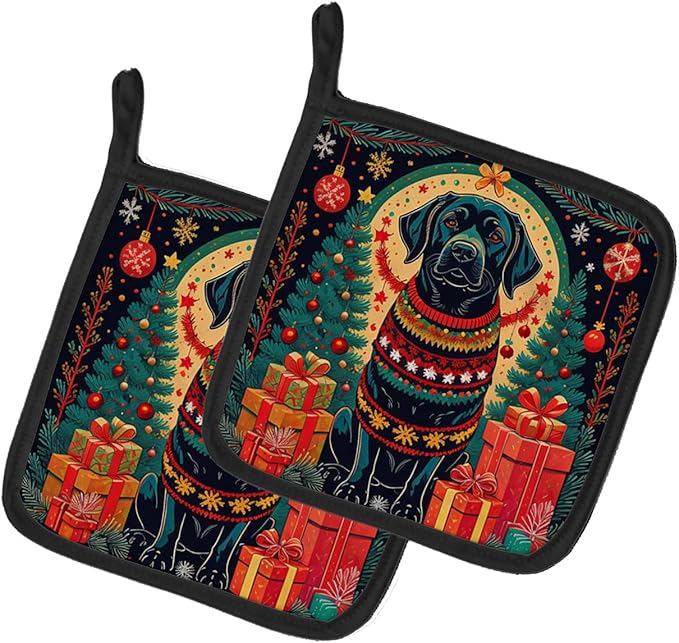 Caroline's Treasures Black Labrador Retriever Christmas Pair of Pot Holders Kitchen Heat Resistant Pot Holders Sets Oven Hot Pads for Cooking Baking BBQ, 7 1/2 x 7 1/2