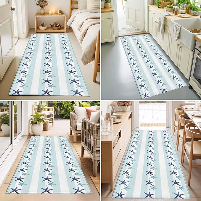 Runner Rug for Bedroom Hallway, Summer Coastal Starfish Blue Teal Kitchen Runner Rugs Area Rug 2x6ft, Watercolor Ocean Theme Stripe Washable Soft Floor Carpet for Entryway Stair
