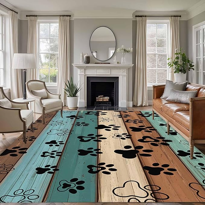 Area Rug 6x9ft, Farm Brown Wood Board Washable Rugs for Living Room Bedroom, Dog Paw Print Animal Footprint Soft Non-Slip Area Rugs Rectangle Floor Carpet for Dining Room