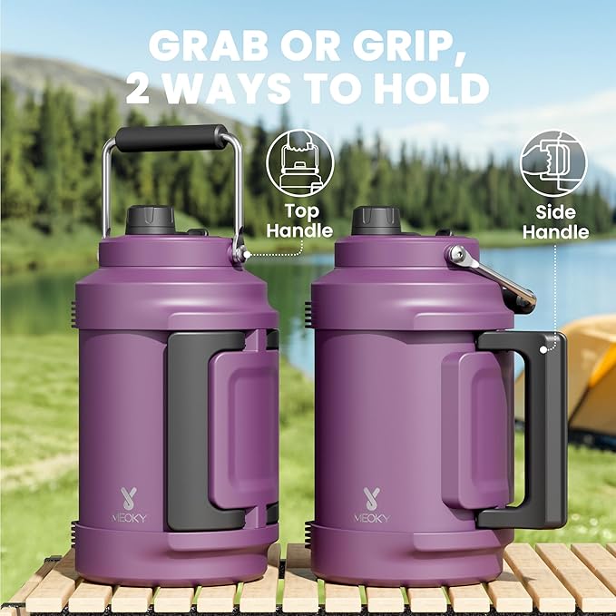 1 Gallon Insulated Water Bottle for Sports: Meoky 128 oz Triple Wall Vacuum Stainless Steel Water Jug - Top and Side Handles, Cold for 48 Hrs, 2-in-1 Straw and Spout Lid, Leak Proof for Hiking (Plum)