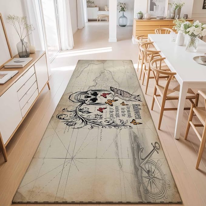 Runner Rug for Bedroom Hallway, Halloween Skull Owls on Vintage Kitchen Runner Rugs Area Rug 2x6ft, Retro Butterflies Flower Washable Soft Floor Carpet for Entryway Stair