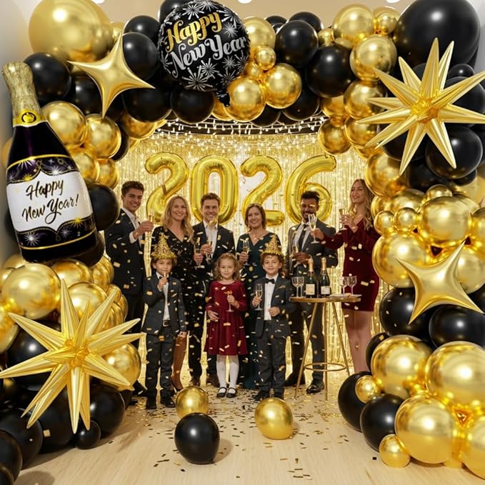 Black and Gold Balloons Garland Arch Kit - Different Size Balloons Gold Fringe Curtain Backdrop for Graduation Birthday Anniversary New Years Theme Party Decorations