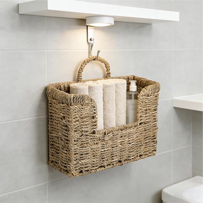 Woven Hanging Basket for Wall, Magazine and Mail Organizer Holder with Sturdy Frame,Seagrass Magazines Baskets Also Stands on Tabletop, Wall Mount Storage Rack for Home Office