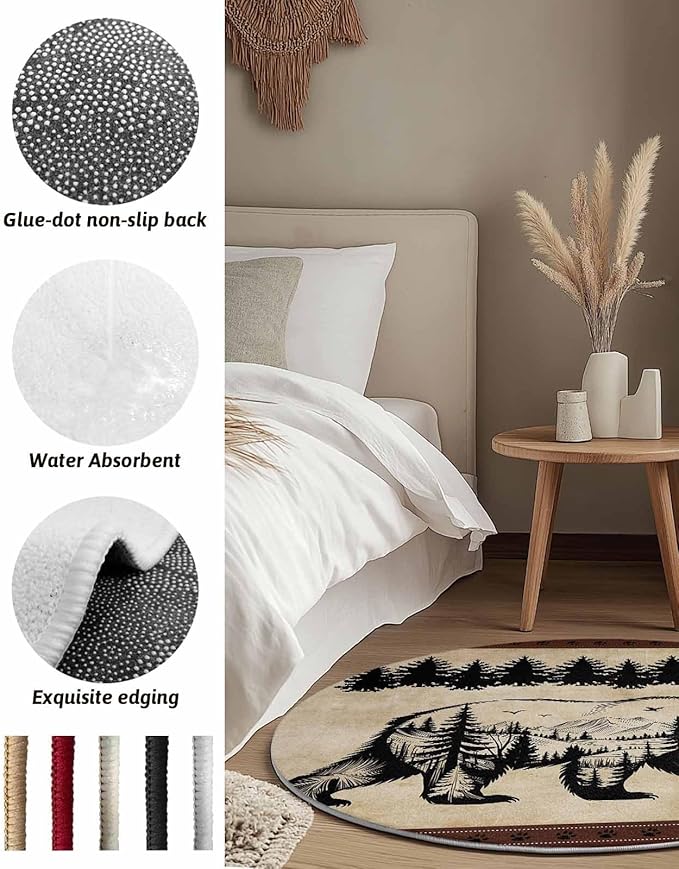 Round Area Rug,Bear Forest Mountains Animal Silhouette Circle Living Room Rug Non-Slip Rugs Indoor Carpet,Vintage Brown Gradient Soft Comfort Rugs for Bedroom KidsRoom Nursery