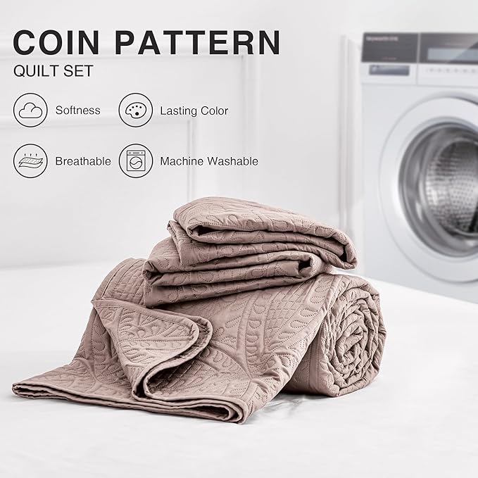 Love's cabin California King Size Quilt Bedding Set Burlwood Bedspreads - Cal King Lightweight Bedspread Comforter - Coin Pattern Coverlet for All Season - 3 Pieces (1 Quilt, 2 Pillow Shams)