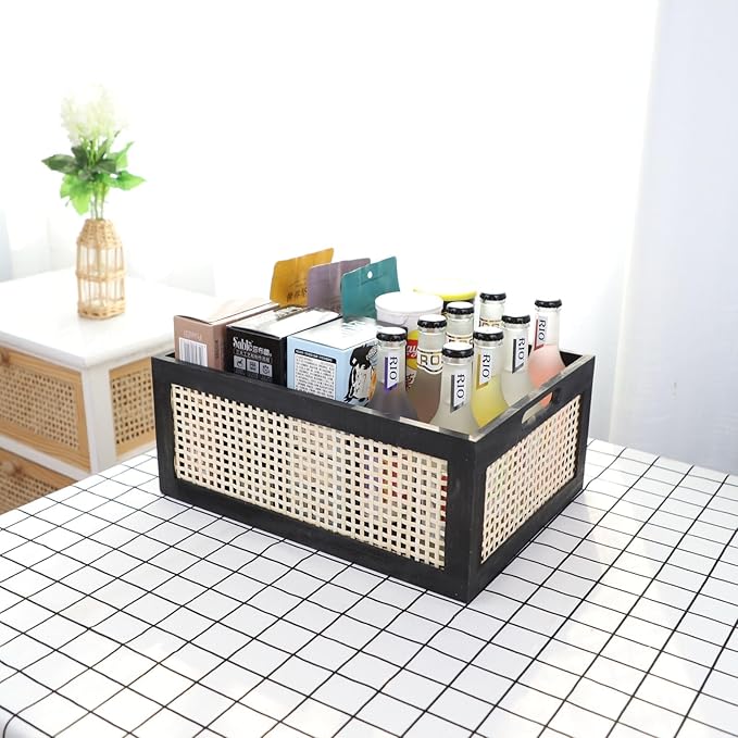 SHCMSADO Wooden Frame Storage Basket, Decorative Organizer Crates Box with Built-in Handle,Natural Wire Wood Nesting Drawer Storage for Kitchen, Bathroom and Office Desktop-(15" Lx11 Wx6.3 H-Black)
