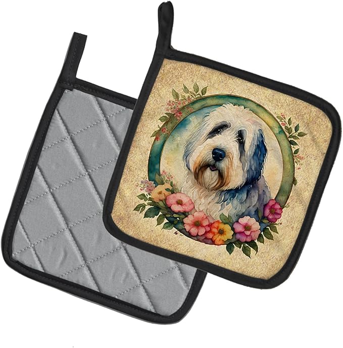 Caroline's Treasures Old English Sheepdog and Flowers Pair of Pot Holders Kitchen Heat Resistant Pot Holders Sets Oven Hot Pads for Cooking Baking BBQ, 7 1/2 x 7 1/2