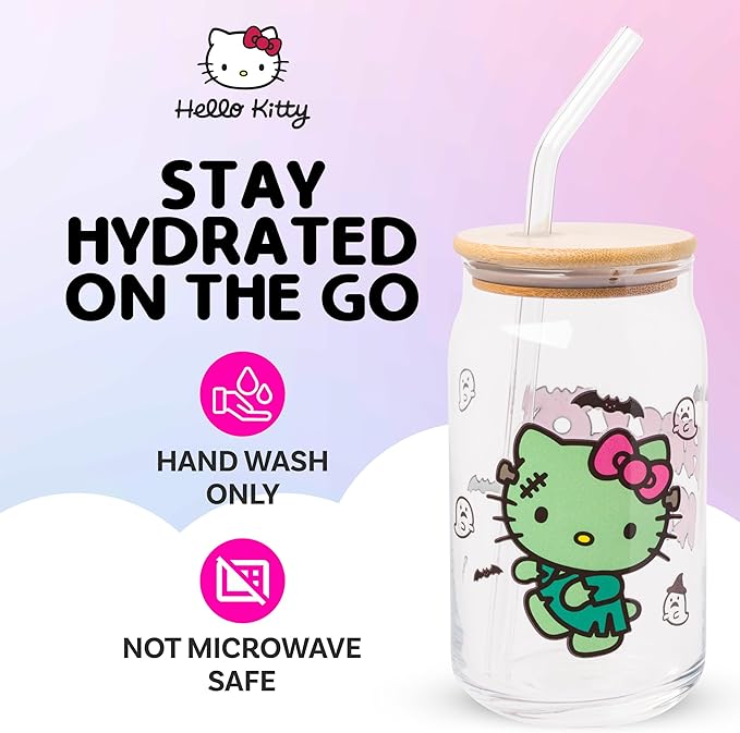 Silver Buffalo Sanrio Hello Kitty Halloween Spooky Frankenstein Glass Jar Tumbler with Bamboo Lid and Glass Straw, 16 ounces