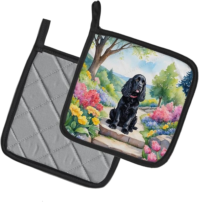 Caroline's Treasures Cocker Spaniel Spring Path Pair of Pot Holders Kitchen Heat Resistant Pot Holders Sets Oven Hot Pads for Cooking Baking BBQ, 7 1/2 x 7 1/2