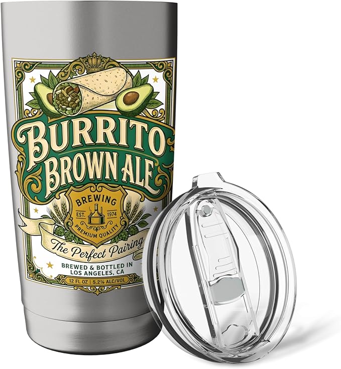 Burrito Brown Ale Mexican Food Retro Funny Beer Label Stainless Steel Insulated Tumbler