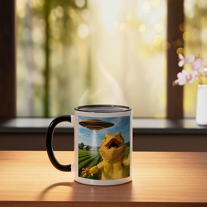 Funny Bearded Dragon Selfie with Alien UFO Ceramic Mug, Black/White