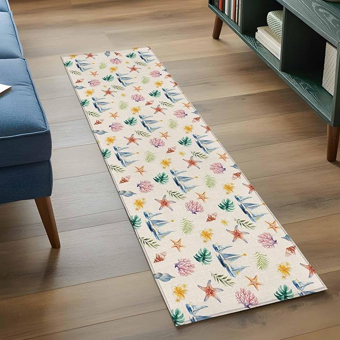 Runner Rug for Bedroom Hallway, Summer Sea Starfish Sailboat Kitchen Runner Rugs Area Rug 2x6ft, Marine Life Coral on Linen Washable Soft Floor Carpet for Entryway Stair