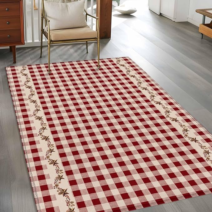 Area Rug 4x6ft, Vintage Red Buffalo Plaid Berry Washable Rugs for Living Room Bedroom, Farmhouse Western Star Soft Non-Slip Area Rugs Rectangle Floor Carpet for Dining Room