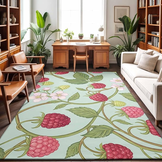 Area Rug 8x10ft, Farmhouse Berry Red Pink Blossoms Flower Washable Rugs for Living Room Bedroom, Green Leaves Soft Non-Slip Area Rugs Rectangle Floor Carpet for Dining Room
