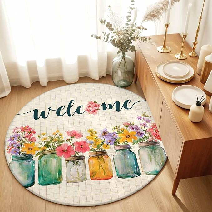 Washable Round Area Rug Summer Pastoral Flower Buffalo Plaid Circle Rugs Floor Carpet for Living Room Bedroom, Rustic Blossom Floral Soft Non Slip Round Rug 5ft