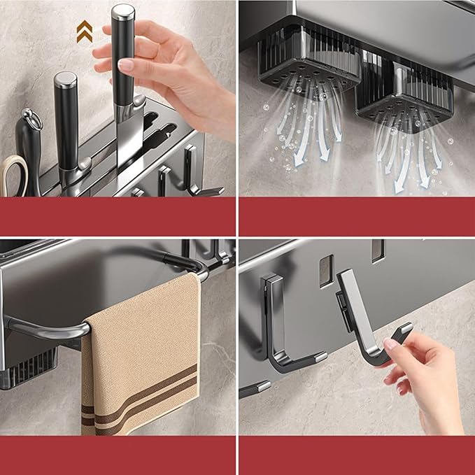 Wall Utensil Rack, Hanging Cutlery Organizer, Storage Kitchen Fixture, No-Borer Hook Hanger, Cooking Tool Spatula Spoon Holder, Home Accessory for Towel, Pan, Pot