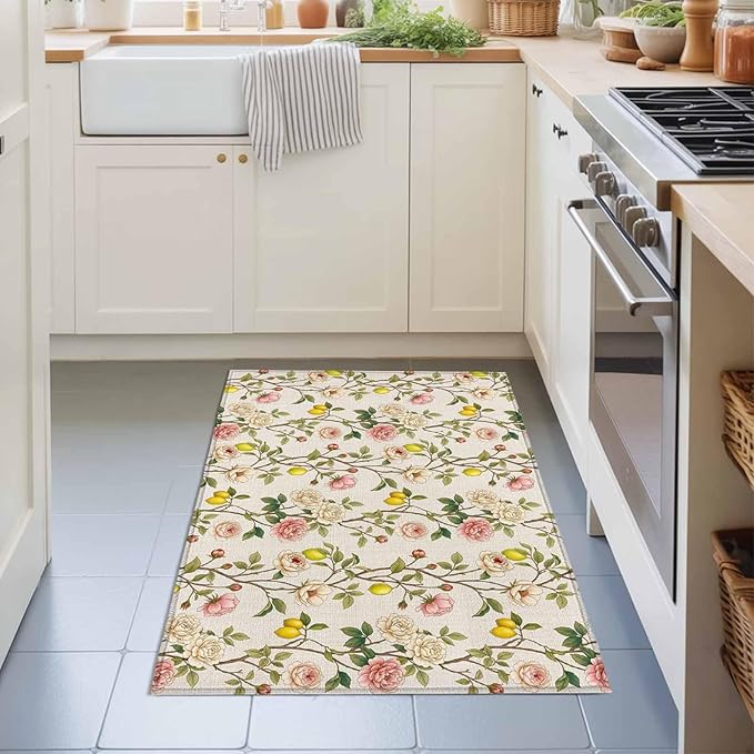 Area Rug 2x3ft, Farmhouse Blossom Flower Leaf Lemon Washable Rugs for Living Room Bedroom, Summer Retro Floral Fruit Soft Non-Slip Area Rugs Rectangle Floor Carpet for Dining Room