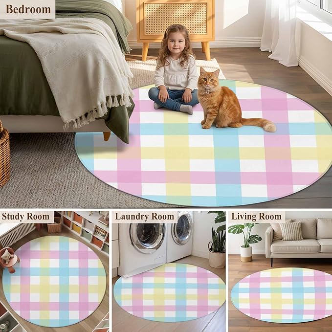 Washable Round Area Rug Spring Easter Colorful Lattice Circle Rugs Floor Carpet for Living Room Bedroom, Minimalist Buffalo Checker Soft Non Slip Round Rug 4ft