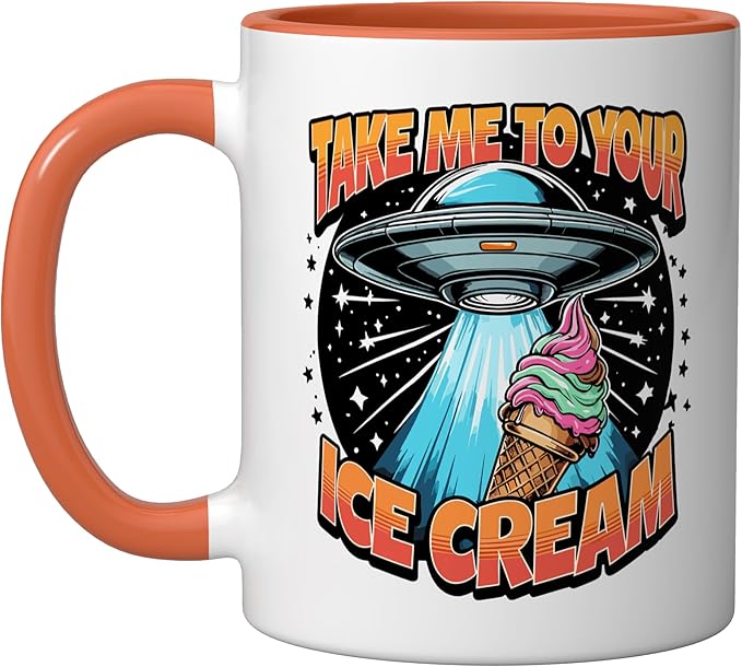 Take Me to Your Ice Creams UFO Abduction Funny Ice Cream Ceramic Mug, Orange/White