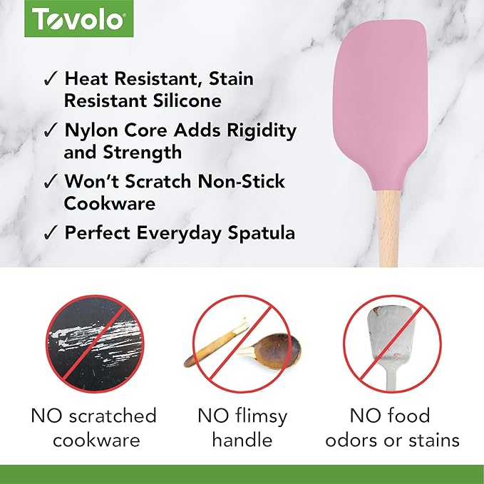 Tovolo Silicone Spatula Wooden Handle for Cooking Baking Mixing, Heat Resistant Food Safe BPA Free Flexible Silicone Baking Spatula with Wood Handles Kitchen Utensils Nonstick Safe, Pink Sorbet