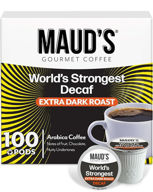 Maud's World's Strongest Decaf Coffee Pods, 100 ct, Decaffeinated Dark Roast Coffee in Single Serve Pods – 100% Arabica Coffee, Compatible with Keurig K Cups Maker