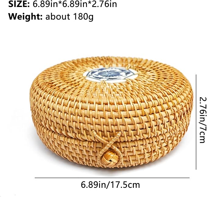 Rattan Box with Lid: Blue-and-White Porcelain Decorative Rattan Storage Box, Hand-Woven Wicker Storage Basket with Lid, for Sundries Tea Case Picnic Food Containers (Round 1, 6.89in*6.89in*2.76in)