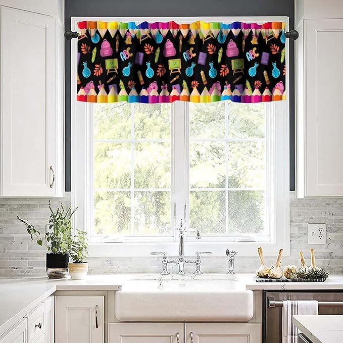 School Supplies Valance, Colorful Cartoon Crayon Pencil Educational Learning Window Treatment for Kitchen Bedroom Study Room Classroom, 54x18Inch