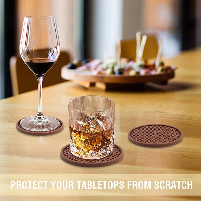 Silicone Coasters for Drinks, Non‑Slip Spill‑Proof Heat Resistant Coasters Set of 4, Reusable Washable Table Protection for Home Decor Kitchen Office, Bar(4Pack,Brown)