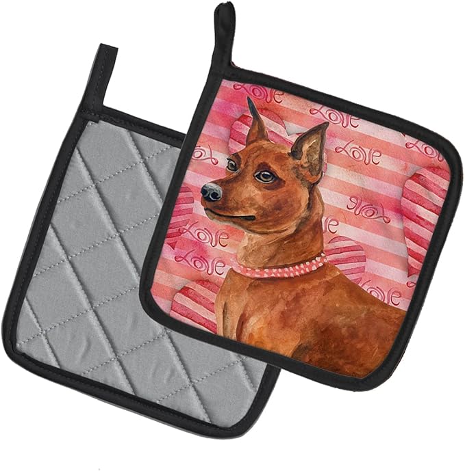 Caroline's Treasures BB9743PTHD Miniature Pinscher Love Pair of Pot Holders, Red Kitchen Heat Resistant Pot Holders Sets Oven Hot Pads for Cooking Baking BBQ, 7 1/2 x 7 1/2