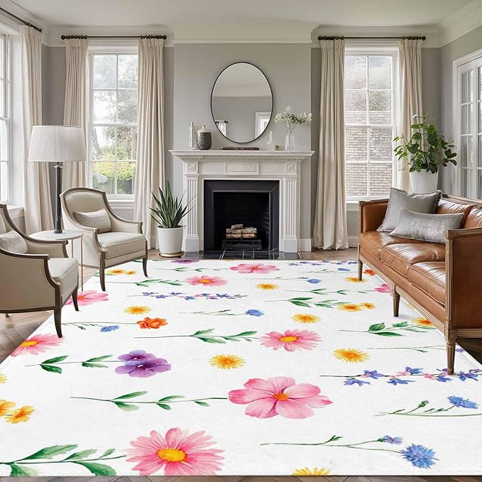Area Rug 9x12ft, Watercolor Farmhouse Flower Washable Rugs for Living Room Bedroom Rectangle Floor Carpet, Yellow Pink Purple Blue Floral Soft Non-Slip Area Rugs for Dining Room