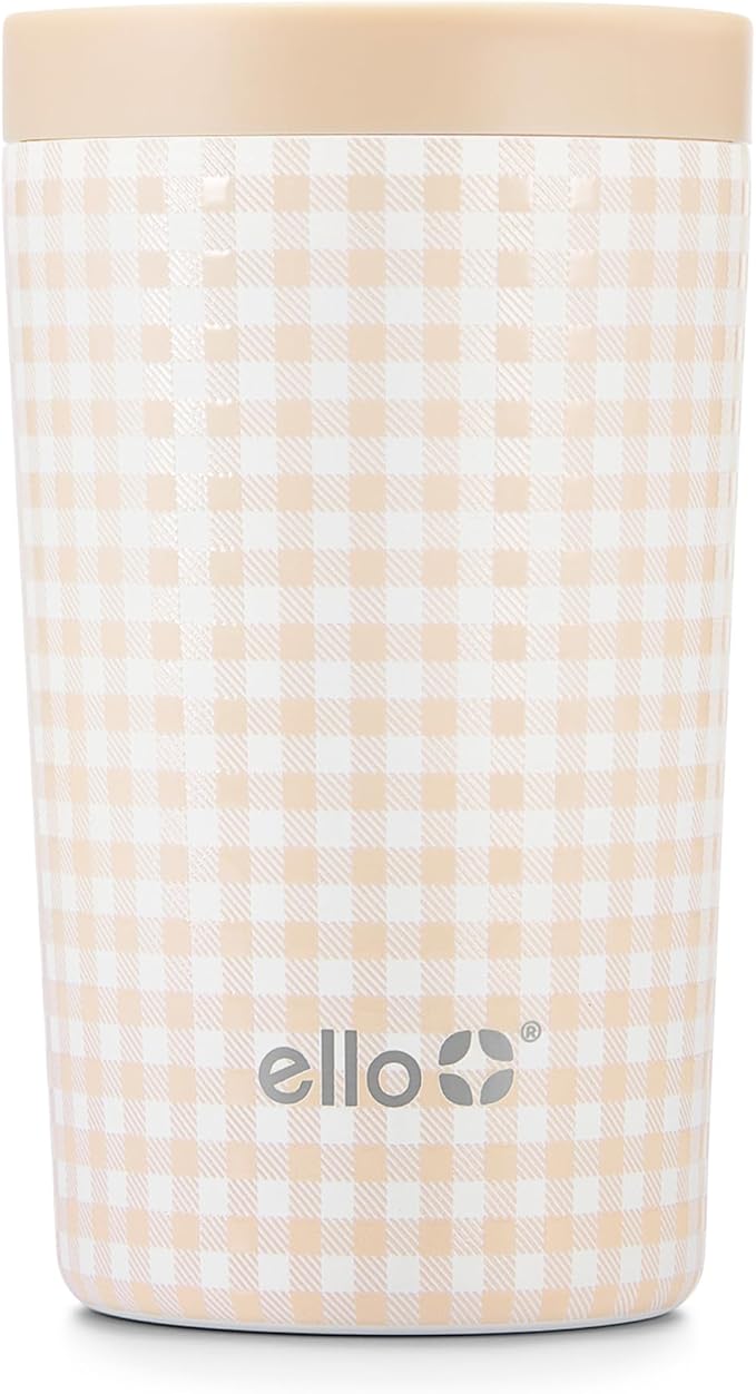 Ello Jones 11oz Insulated Stainless Steel Travel Mug with Leak-Proof Slider Lid, Single Serve Small Coffee Tumbler, Keeps Drinks Hot 3 Hours Cold 8 Hours, BPA-Free, Beige Gingham