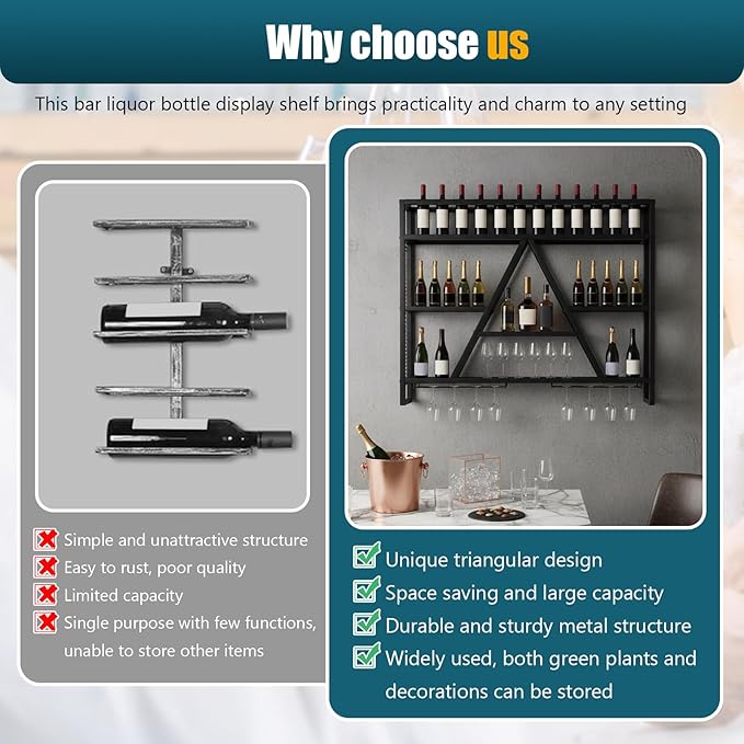 Wall Mounted Wine Rack Multi-Purpose Bar Liquor Bottle Display Shelf Large Capacity for Kitchens Bars Cafes