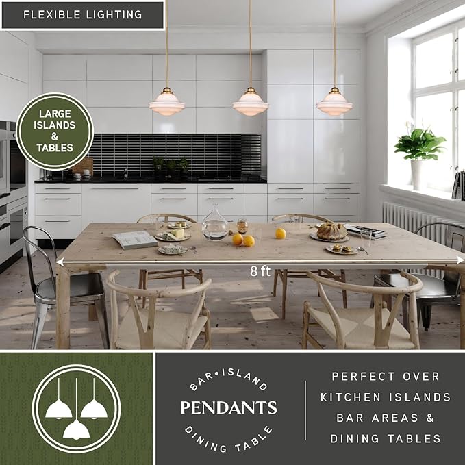VAXCEL Huntley 12 inch Adjustable Semi-Flush Ceiling Pendant Light, Farmhouse Schoolhouse Style, Natural Brass Finish, White Milk Glass, Dimmable E26 Bulb Compatible, Damp Rated