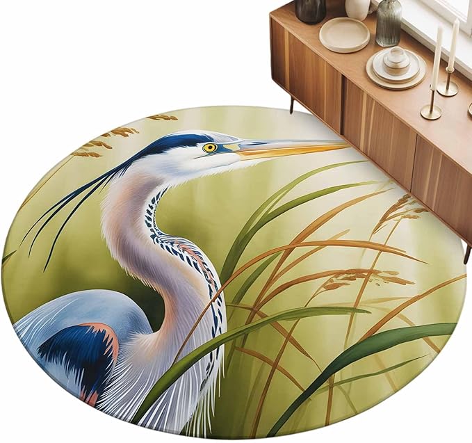 Washable Round Area Rug Natural Bird Wetland Landscape Circle Rugs Floor Carpet for Living Room Bedroom, Wild Heron Grass Soft Non Slip Round Rug 3ft