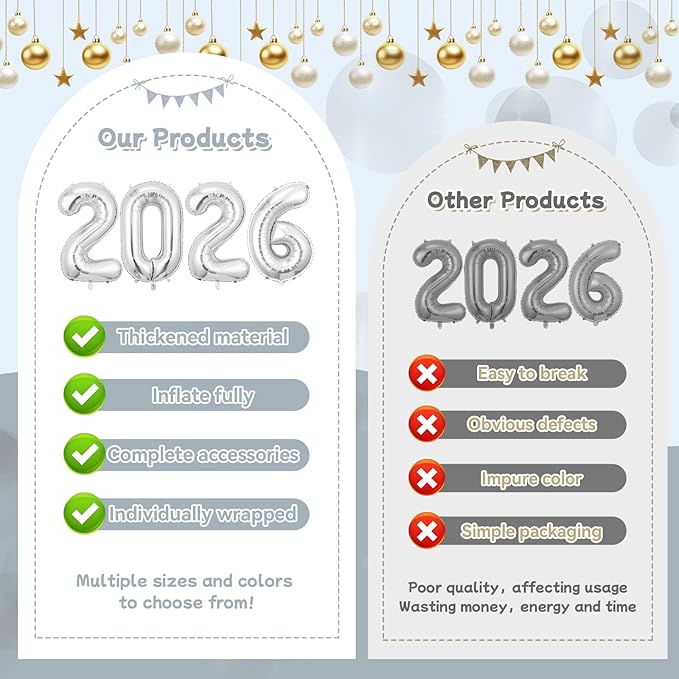 Silver 2026 Balloons, 16 Inch Foil 2026 Number Balloons, Grad Balloons for Class of 2026 Graduation Party, Silver Matellic Foil New Year Birthday Home Office Party Supplies