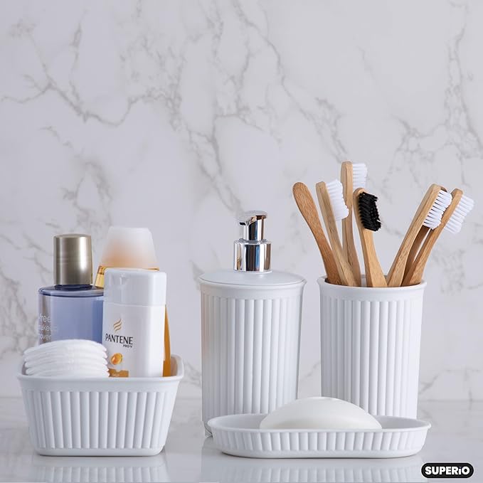Decorative Plastic Bathroom Accessories Set, White Smoke (Set of 4) Soap Dish, Liquid Dispenser, Toothbrush Holder Cup, Vanity Organizer Tray - Bath Accessory Countertop Decor Gift - Ribbed Design
