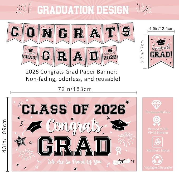 Graduation Decorations Class of 2026 - Rose Gold Graduation Decorations Include Grad Backdrop, Banner, Hanging Swirls, Porch Sign, Balloons for Congrats Grad Party Decorations