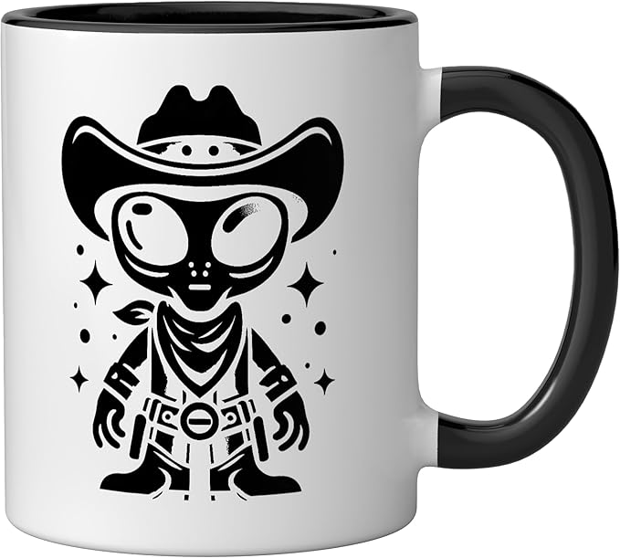Alien Lover Flying Saucer UFO Extraterrestrial Cowboy Ceramic Mug, Black/White