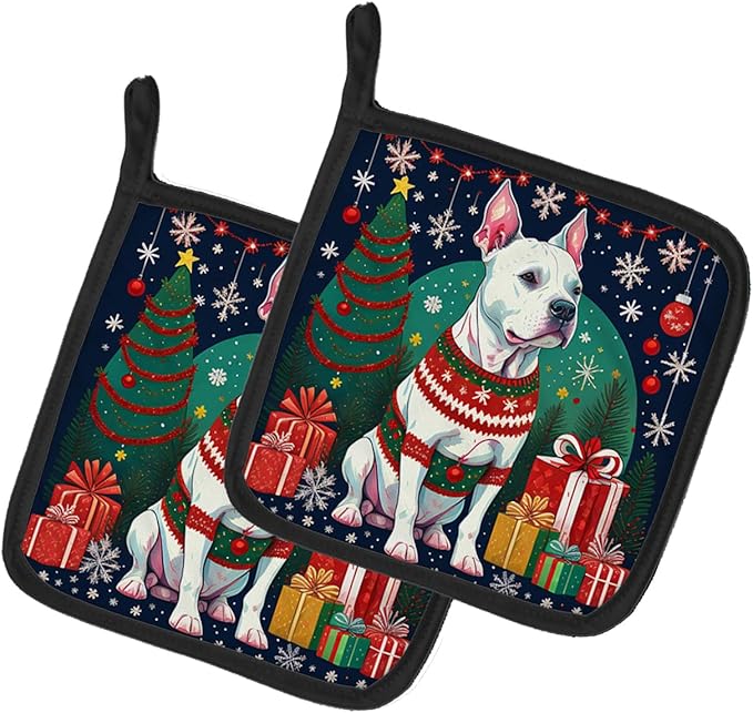 Caroline's Treasures White Pit Bull Terrier Christmas Pair of Pot Holders Kitchen Heat Resistant Pot Holders Sets Oven Hot Pads for Cooking Baking BBQ, 7 1/2 x 7 1/2