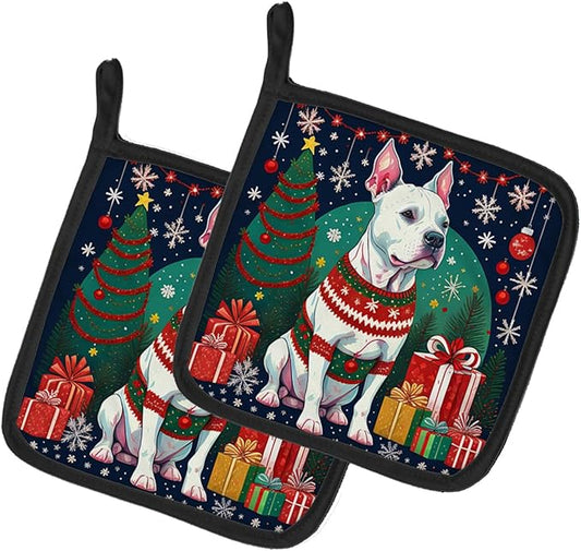 Caroline's Treasures White Pit Bull Terrier Christmas Pair of Pot Holders Kitchen Heat Resistant Pot Holders Sets Oven Hot Pads for Cooking Baking BBQ, 7 1/2 x 7 1/2