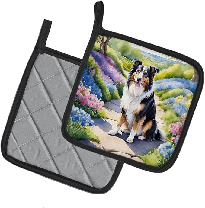 Caroline's Treasures Collie Spring Path Pair of Pot Holders Kitchen Heat Resistant Pot Holders Sets Oven Hot Pads for Cooking Baking BBQ, 7 1/2 x 7 1/2