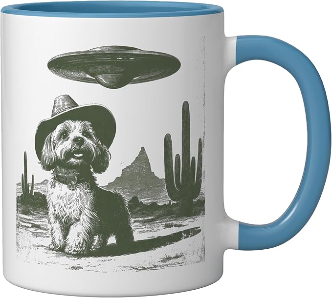 Retro Cowboy Dog UFO Desert Landscape Art Ceramic Mug, Blue/White