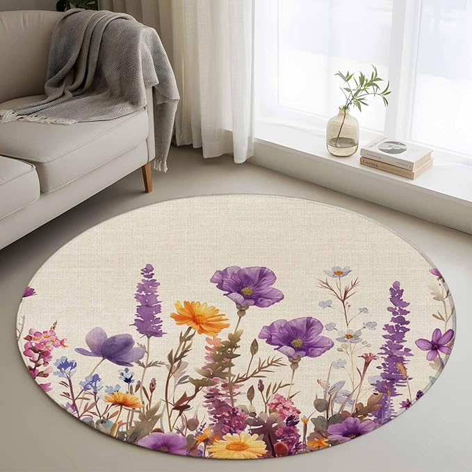 Washable Round Area Rug Country Flower Purple Lavender Plant Circle Rugs Floor Carpet for Living Room Bedroom, Retro Linen Soft Non Slip Round Rug 4ft